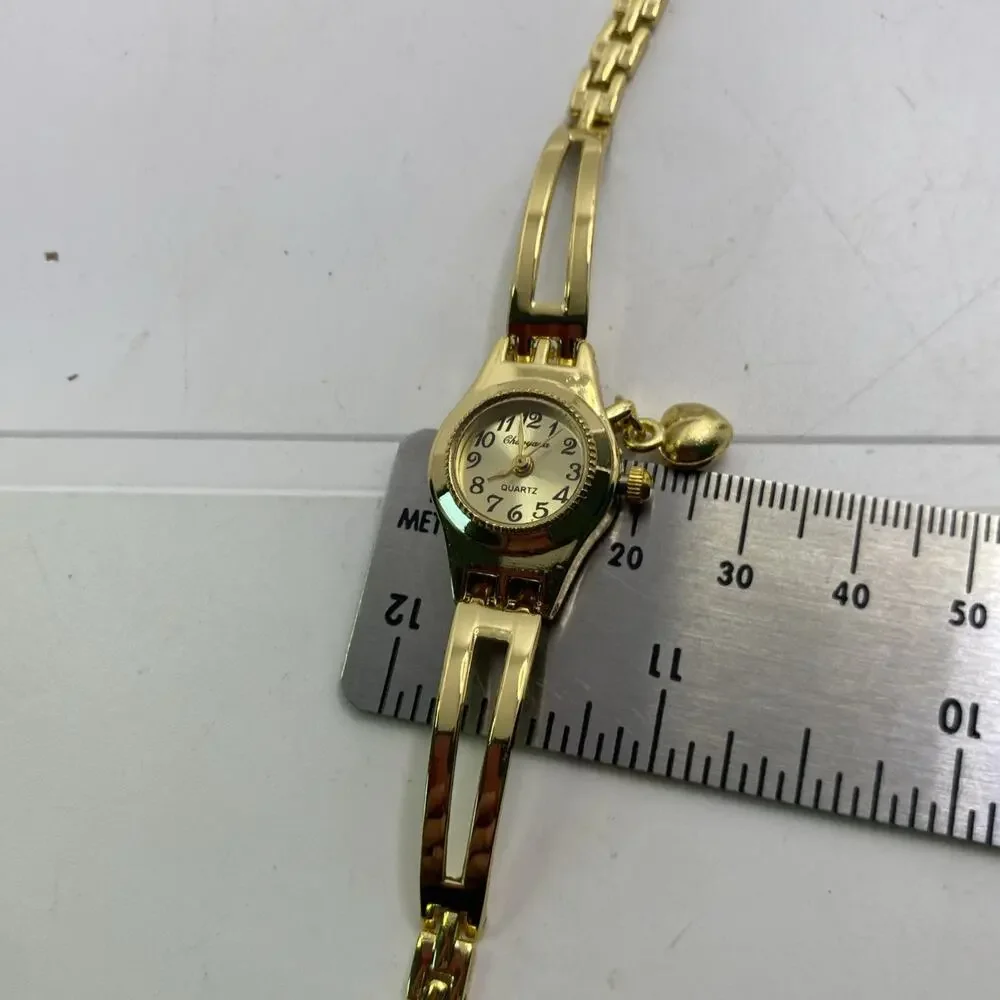 Womens Gold Tone Heart Charm Fashion Watch Works New Battery